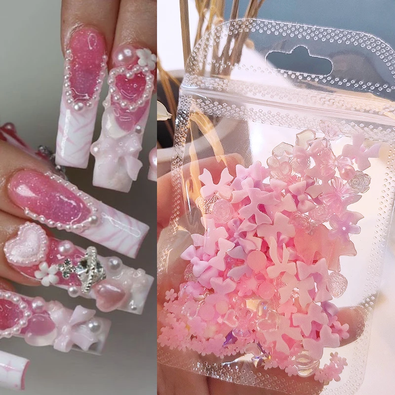 100pcs 3D Resin Pink Purple Nail Charm Flowers Heart Bear Mixed Nail Art Decoration Kawaii Pink Ribbon Bowknot DIY Nail Part