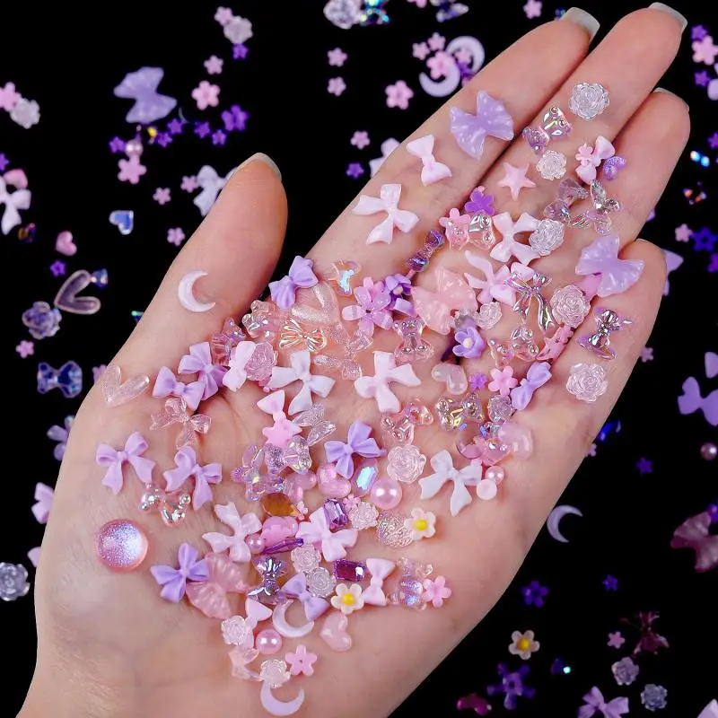 100pcs 3D Resin Pink Purple Nail Charm Flowers Heart Bear Mixed Nail Art Decoration Kawaii Pink Ribbon Bowknot DIY Nail Part