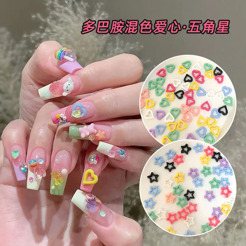 100Pcs/Bag Mixed Colorful Nail Art Decorations Hollowed Out Star And Heart Matte Charm Nail Art Accessories Resin Material