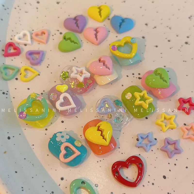 100Pcs/Bag Mixed Colorful Nail Art Decorations Hollowed Out Star And Heart Matte Charm Nail Art Accessories Resin Material