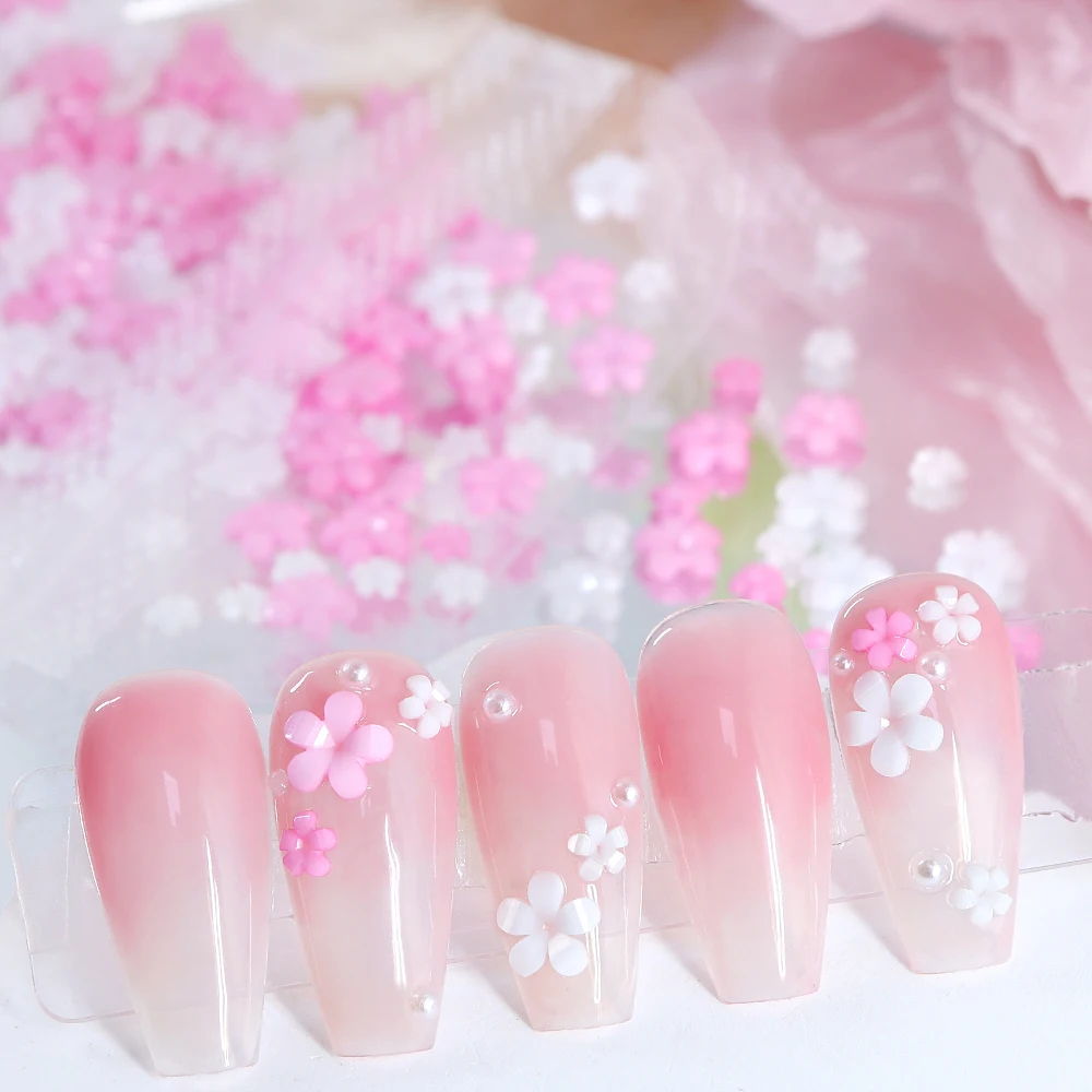 Kawaii Pink White Flower Nail Art Charms 3D Flowers Rhinestone Nail Parts Decorations Manicure Supplies Accessories