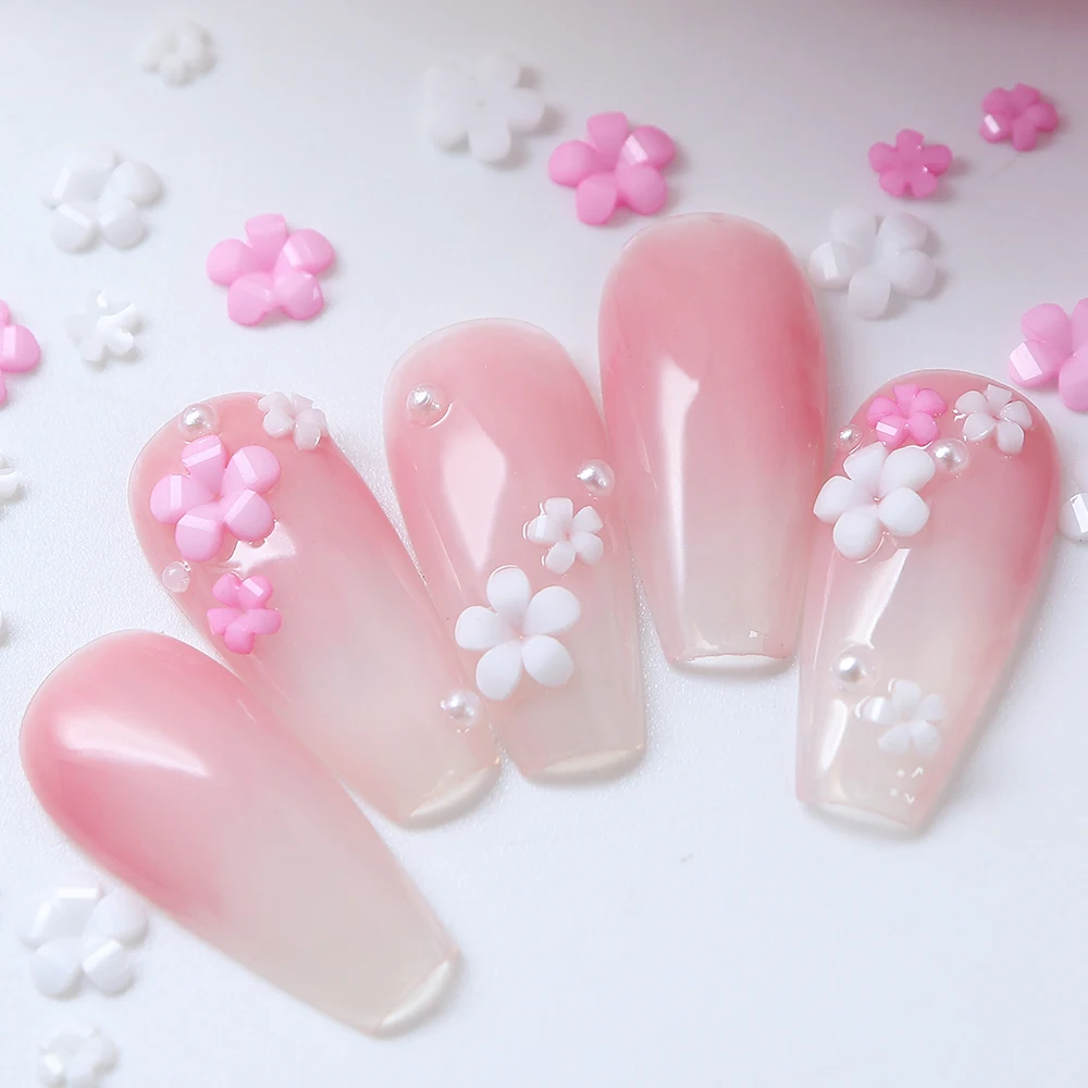 Kawaii Pink White Flower Nail Art Charms 3D Flowers Rhinestone Nail Parts Decorations Manicure Supplies Accessories