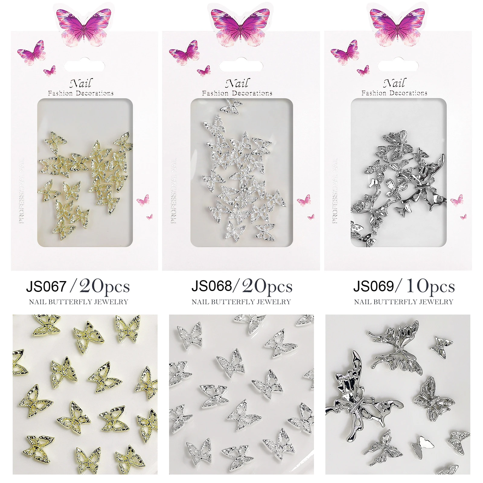 50/20/10pcs Silver Gold Alloy Butterfly Shape Nail Art Rhinestone Metal Fairy Butterfly Nail Charm Gems For 3D Nail Decoration