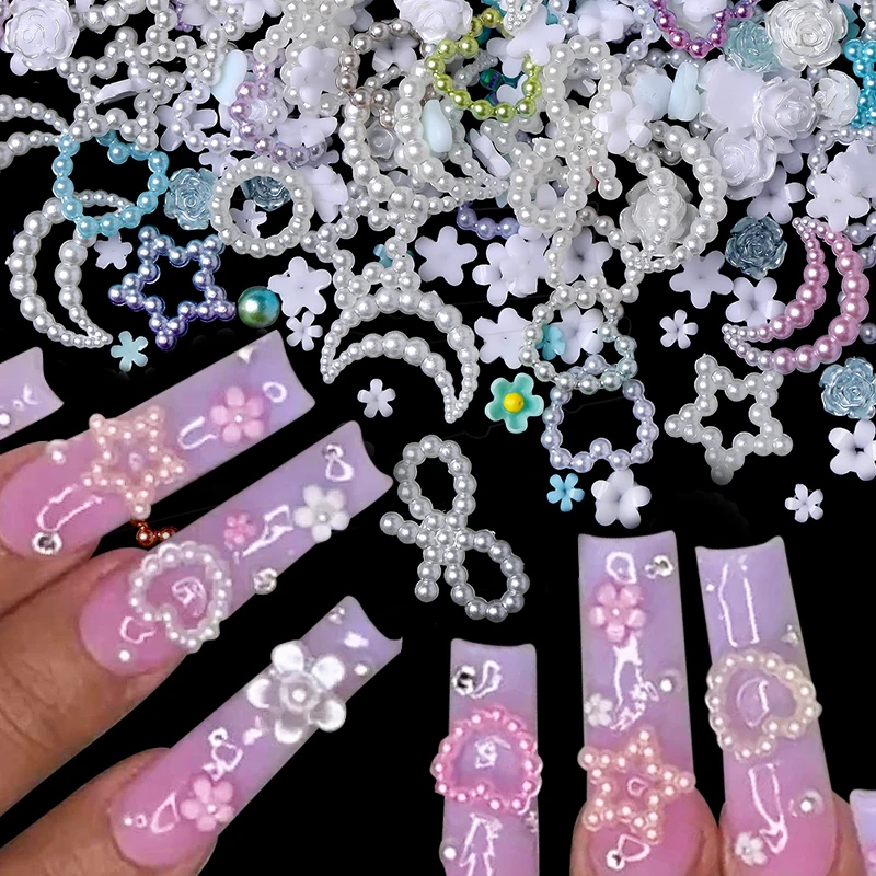 100pcs/200pcs Mixed Pearl Nail Rhinestones 3D Half Round Pearl Bead Colorful Love Heart Star Nail Charms For Nail Art DIY