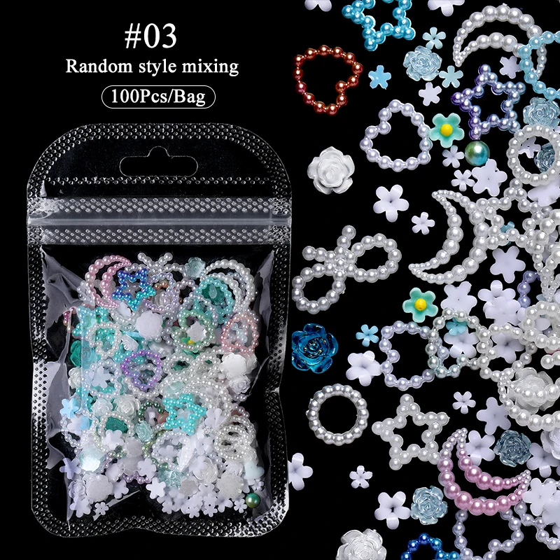 100pcs/200pcs Mixed Pearl Nail Rhinestones 3D Half Round Pearl Bead Colorful Love Heart Star Nail Charms For Nail Art DIY