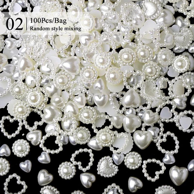 100pcs/200pcs Mixed Pearl Nail Rhinestones 3D Half Round Pearl Bead Colorful Love Heart Star Nail Charms For Nail Art DIY