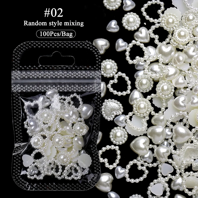 100pcs/200pcs Mixed Pearl Nail Rhinestones 3D Half Round Pearl Bead Colorful Love Heart Star Nail Charms For Nail Art DIY