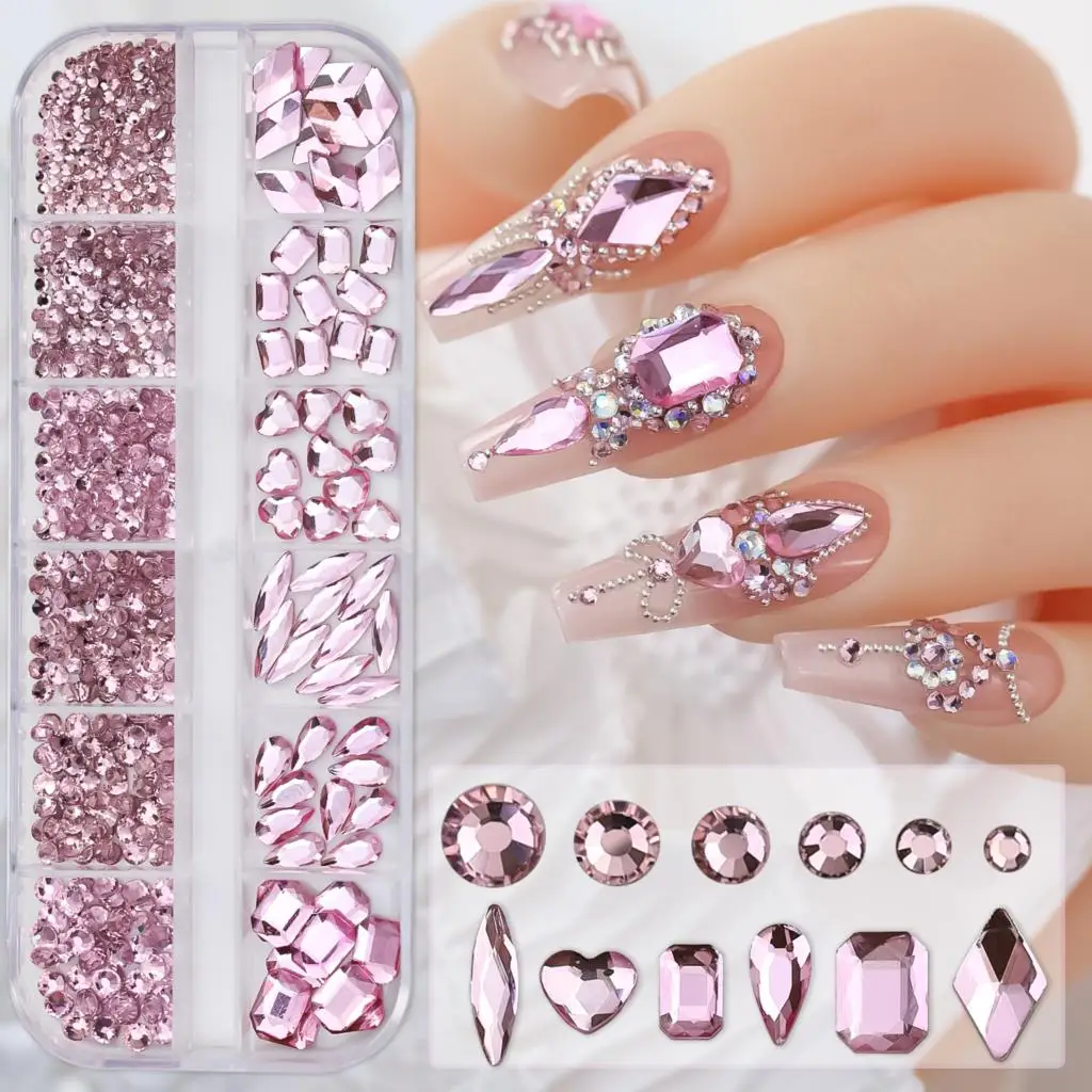 12Grids Pink Mixed Nail Rhinestones Luxury Nail Charms Glitter Crystal Jewelry Gems Nail Art Decoration Manicure Rhinestones R#Q