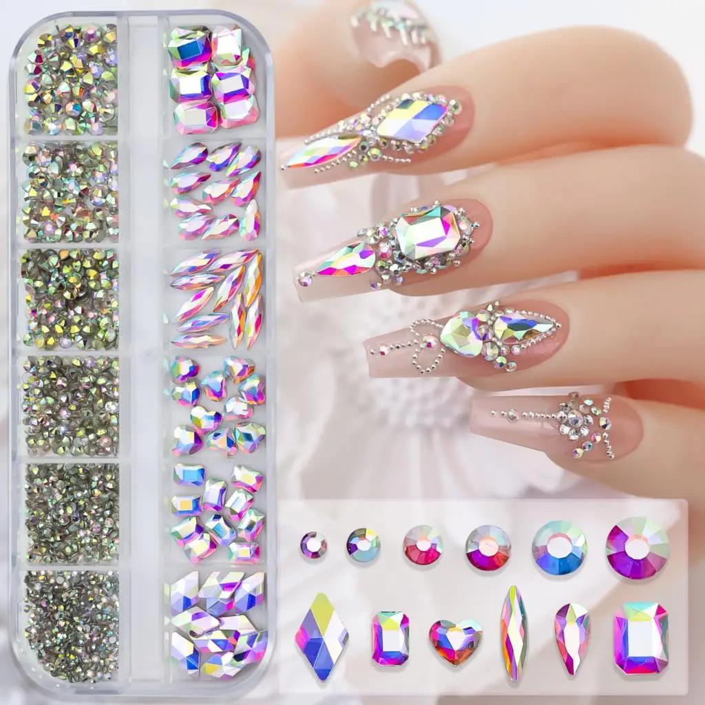 12Grids Pink Mixed Nail Rhinestones Luxury Nail Charms Glitter Crystal Jewelry Gems Nail Art Decoration Manicure Rhinestones R#Q