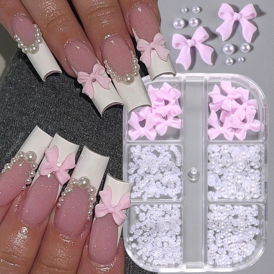 1 Box Kawaii Mini Bow 3D Cute Nail Art Decorations Pink White Butterfly Nails Charms Designs DIY Bowknot Resin Nail Accessories