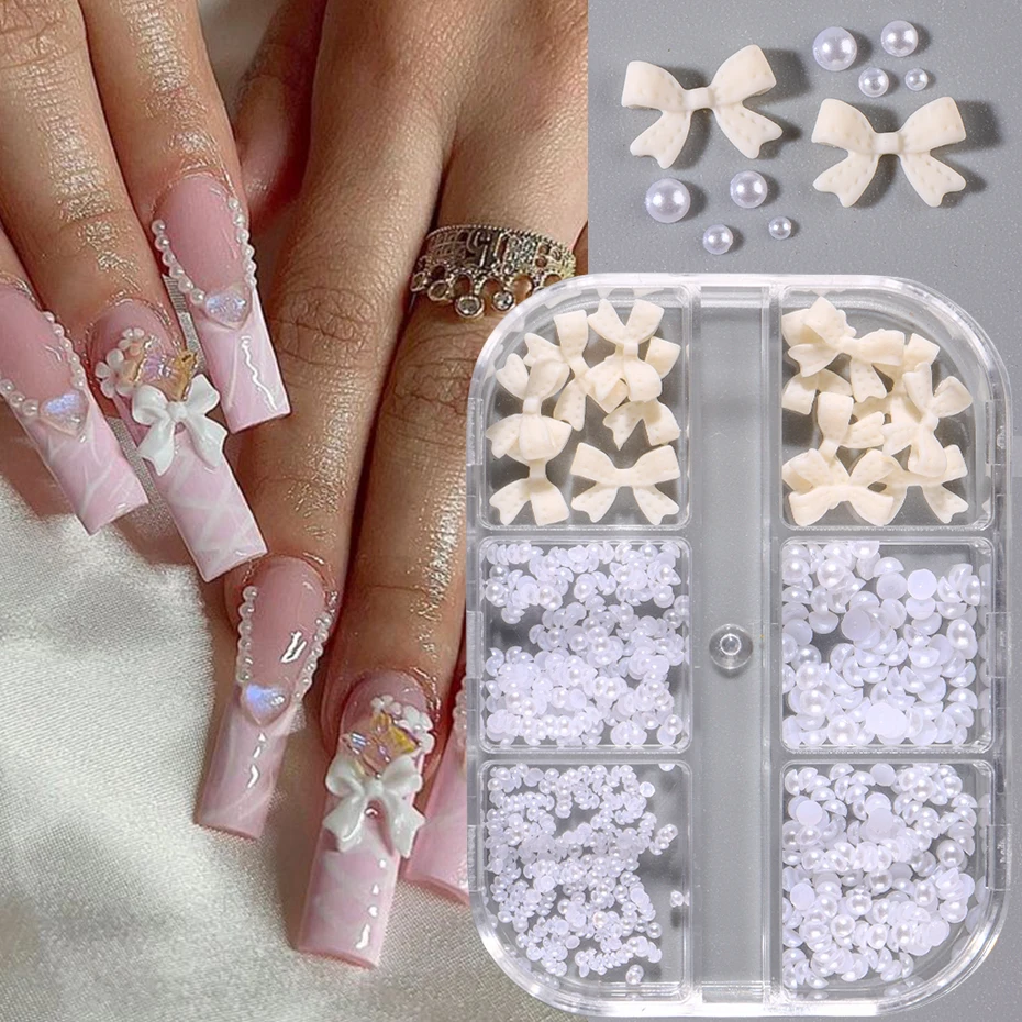 1 Box Kawaii Mini Bow 3D Cute Nail Art Decorations Pink White Butterfly Nails Charms Designs DIY Bowknot Resin Nail Accessories