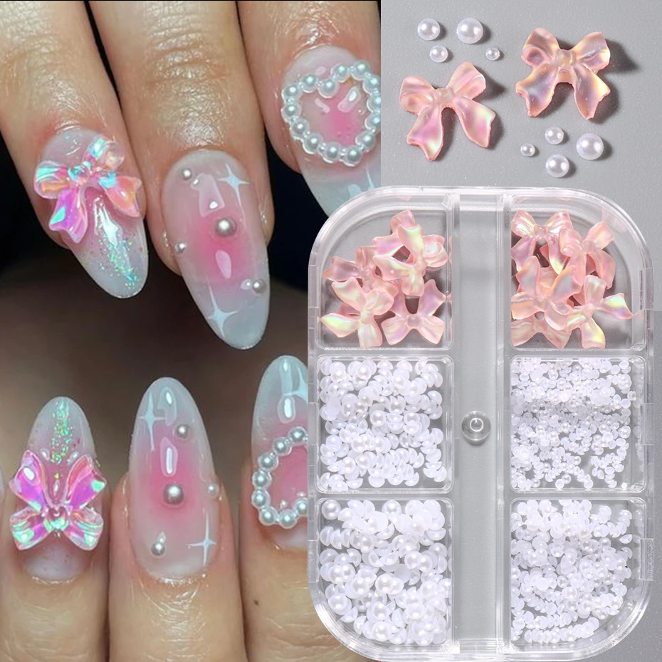 1 Box Kawaii Mini Bow 3D Cute Nail Art Decorations Pink White Butterfly Nails Charms Designs DIY Bowknot Resin Nail Accessories