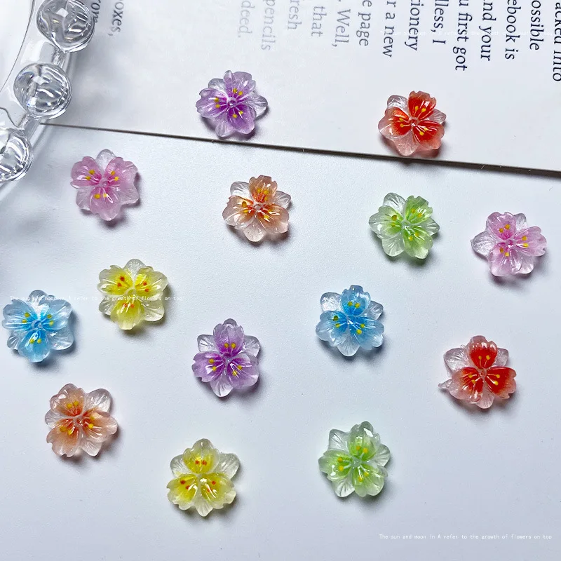 10pcs Exquisite Ice Transparent Flower Resin Nail Art Charms Colorful Petal Nail Decorations Rhinestones DIY Jewelry Accessories