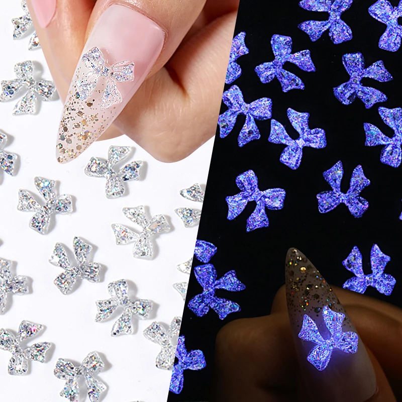 50pcs 3D Luminous Nail Charms Accessory Jelly Ribbon Bows Nail Art Decoration Translucent Crystal Manicure Jewelr