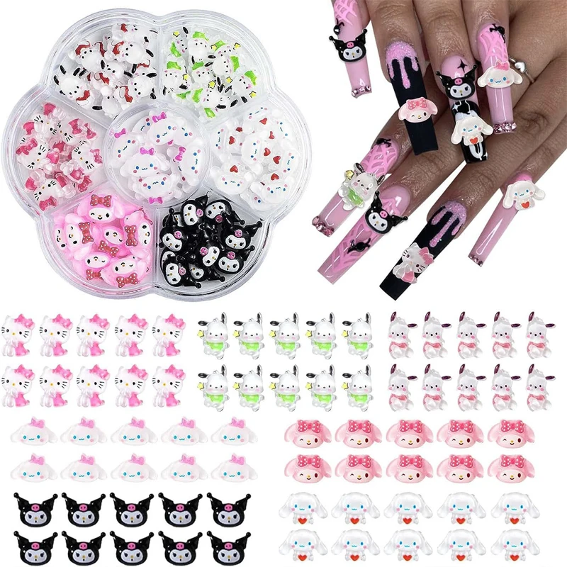 70PCS/50PCS Sanrio Hello Kitty Kawaii Cartoon Kuromi Nail Art Charms Kit 3D Nail Rhinestone Gems for Manicure Nails Art Deco Y2K