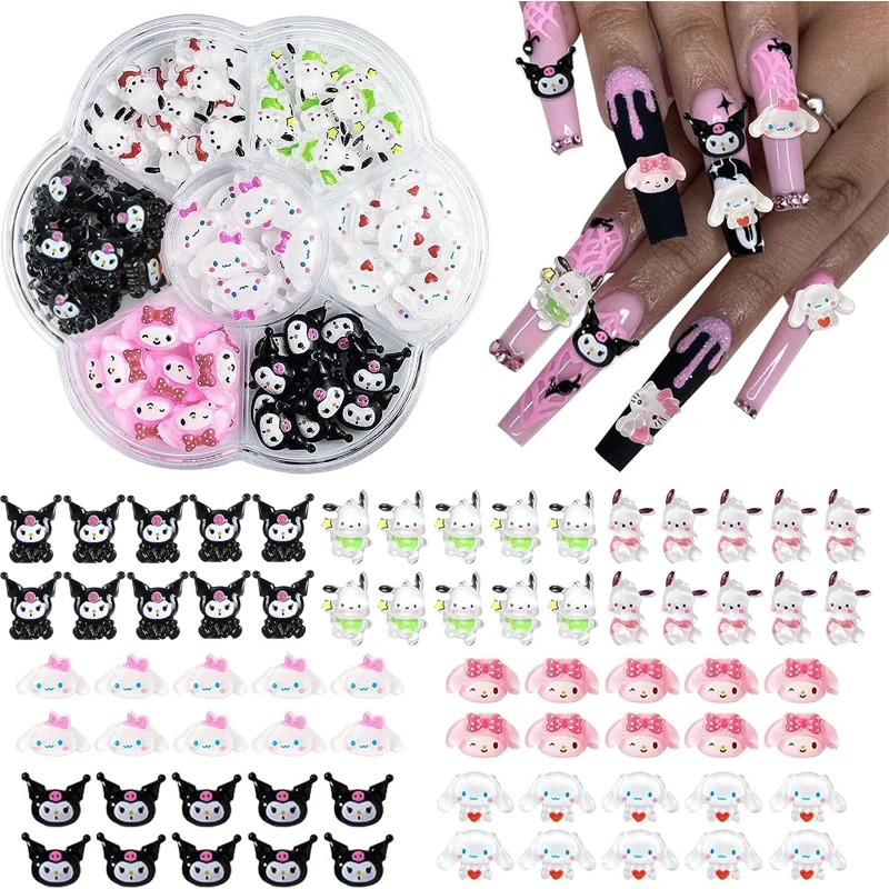 70PCS/50PCS Sanrio Hello Kitty Kawaii Cartoon Kuromi Nail Art Charms Kit 3D Nail Rhinestone Gems for Manicure Nails Art Deco Y2K