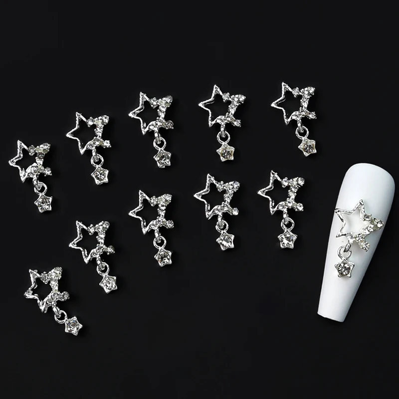 10pcs Silver Pentagram Star Nail Art Charm Super Shiny Pendant Nail Dangle Luxury Nail Decoration Glitter Supplies Manicure