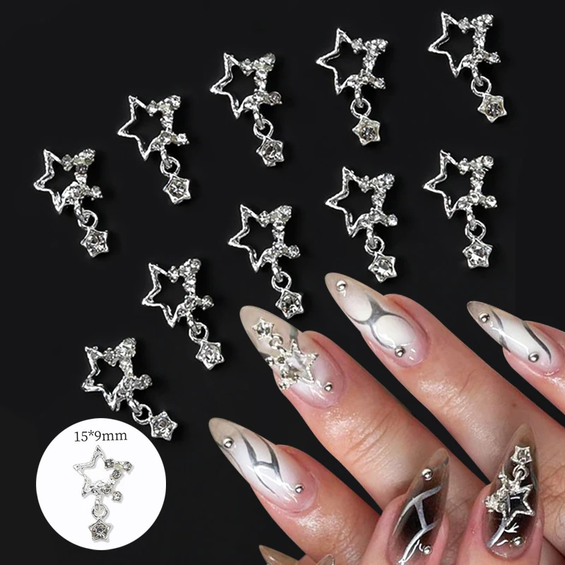 10pcs Silver Pentagram Star Nail Art Charm Super Shiny Pendant Nail Dangle Luxury Nail Decoration Glitter Supplies Manicure