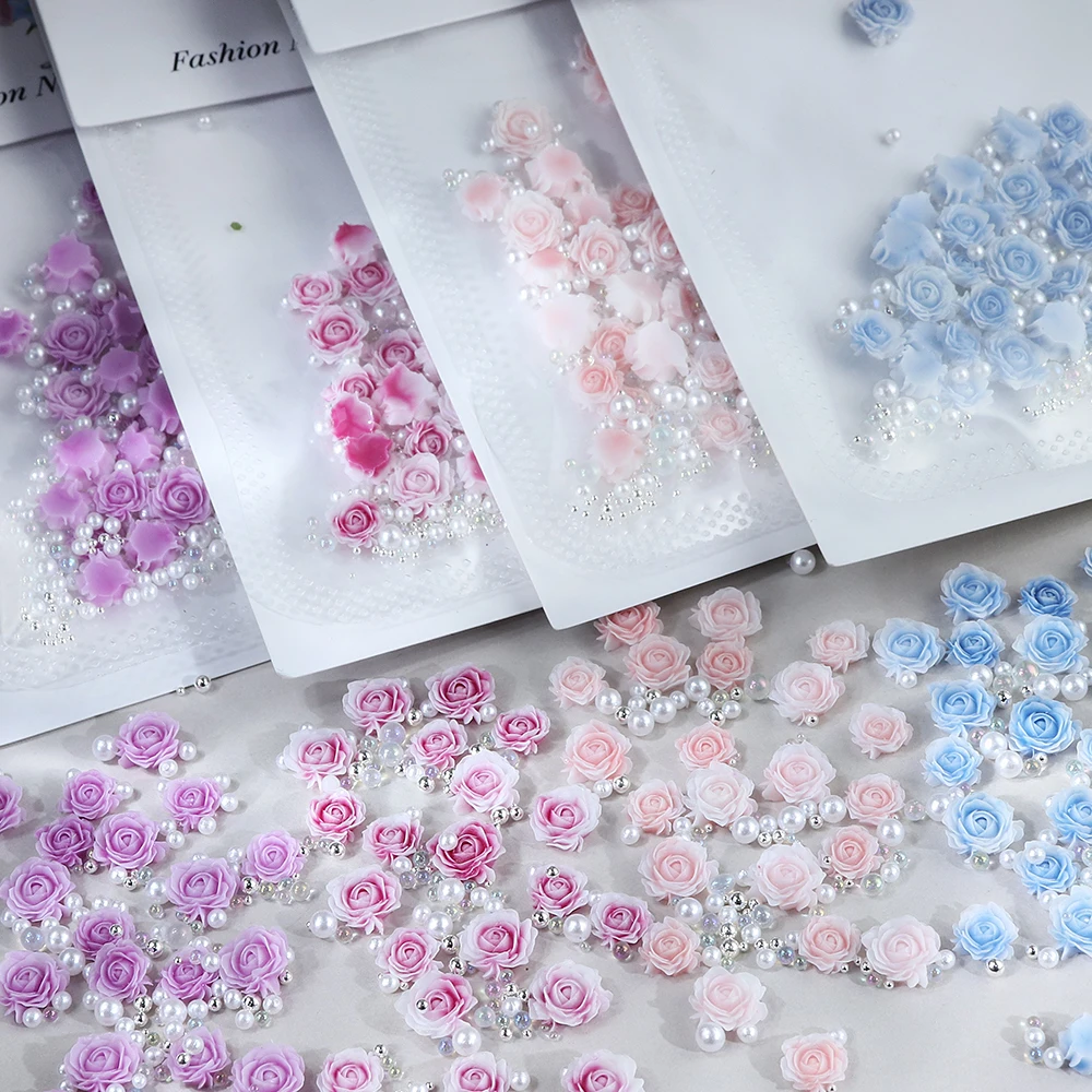 30pcs Rose Design Nail Charm Accessories Mixed Pearl Manicure Part DIY Round Flower Nail Decoration Supplies Romantic Valentines