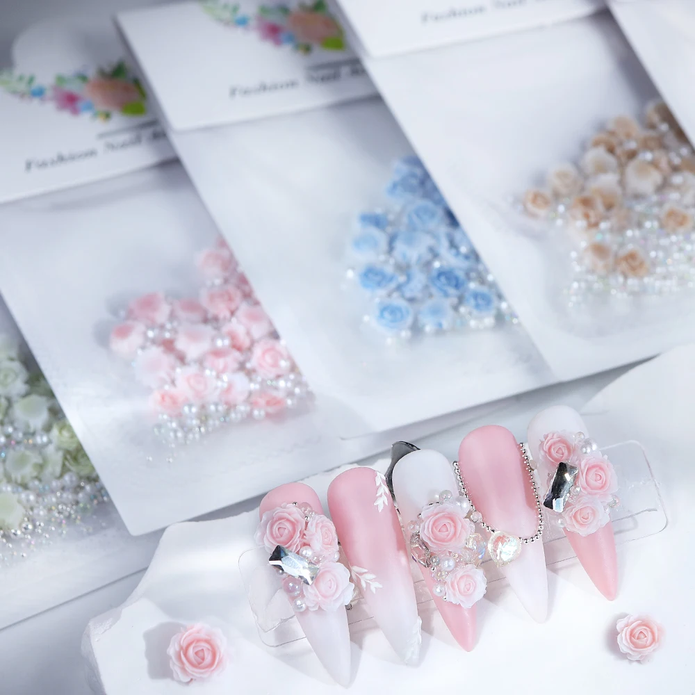 30pcs Rose Design Nail Charm Accessories Mixed Pearl Manicure Part DIY Round Flower Nail Decoration Supplies Romantic Valentines