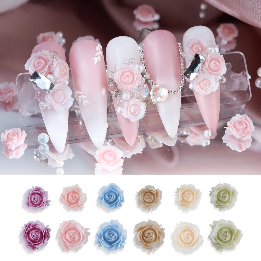 30pcs Rose Design Nail Charm Accessories Mixed Pearl Manicure Part DIY Round Flower Nail Decoration Supplies Romantic Valentines