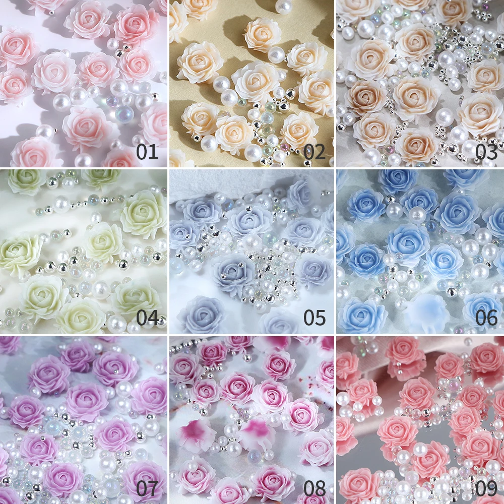 30pcs Rose Design Nail Charm Accessories Mixed Pearl Manicure Part DIY Round Flower Nail Decoration Supplies Romantic Valentines