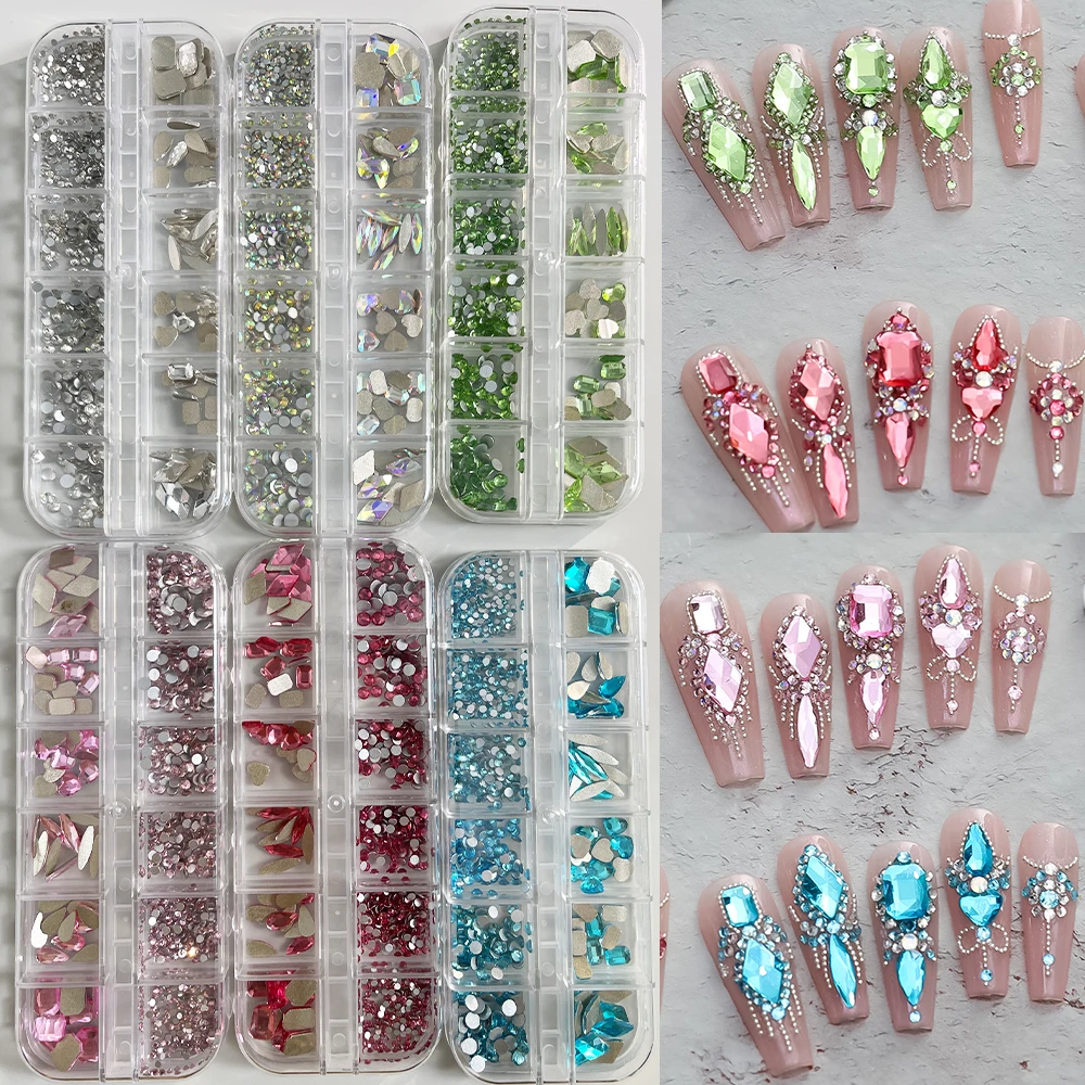 Hot Selling 12 Grids Nail Art Rhinestones Jewelry Set Multi-shapes Colorful Flatback Nail Charms Diamonds 3D Nails Accessories