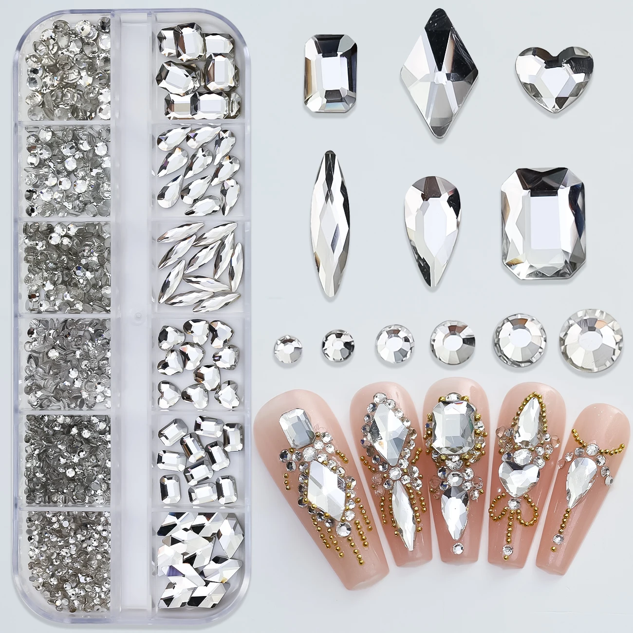 Hot Selling 12 Grids Nail Art Rhinestones Jewelry Set Multi-shapes Colorful Flatback Nail Charms Diamonds 3D Nails Accessories