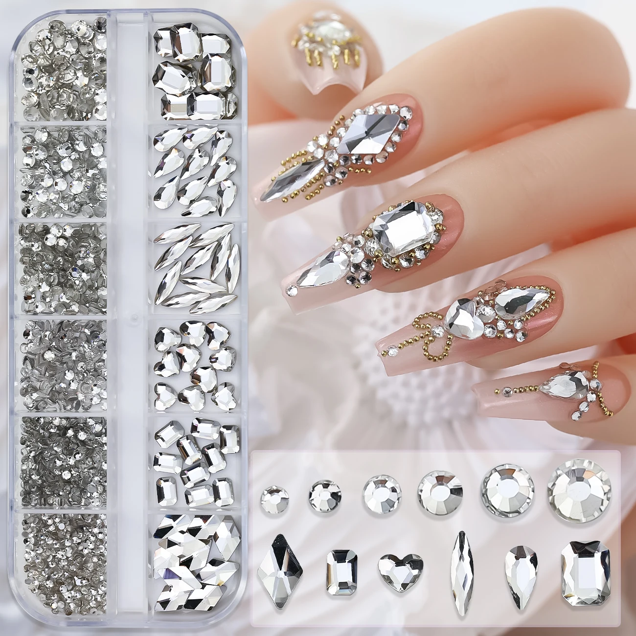 Hot Selling 12 Grids Nail Art Rhinestones Jewelry Set Multi-shapes Colorful Flatback Nail Charms Diamonds 3D Nails Accessories