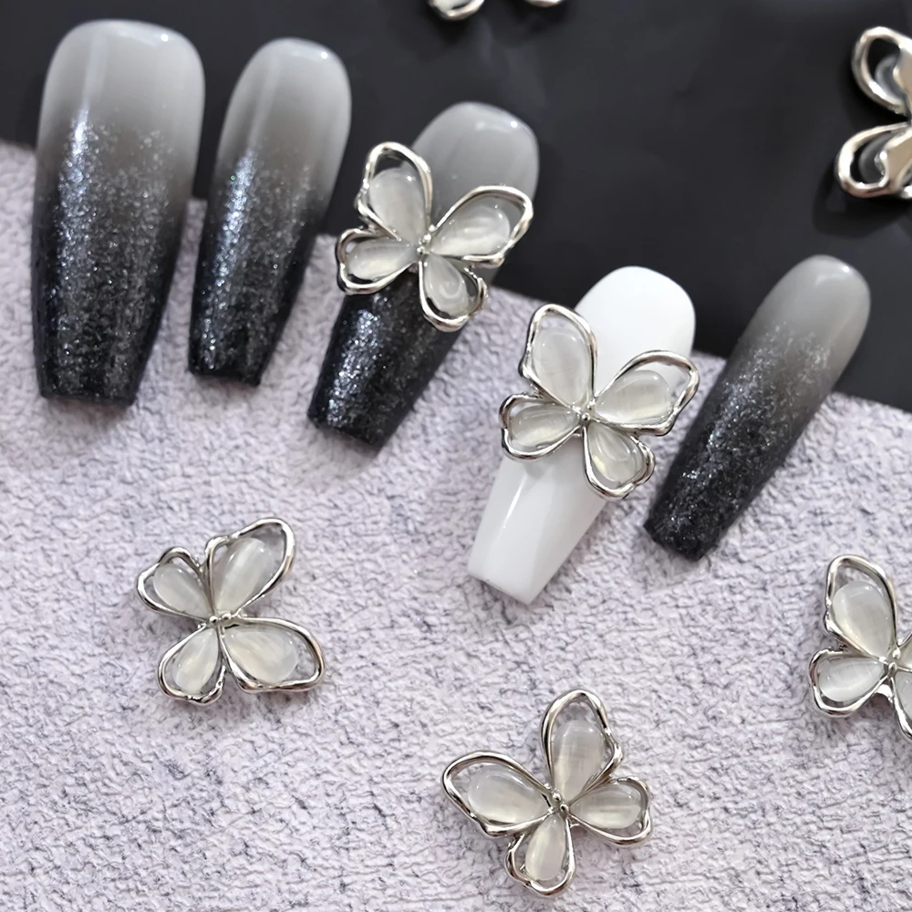 10Pcs 3D Cat's Eye Butterfly Nail Art Charms Shiny Gold Silver Gray Crystal Rhinestones Luxury Jewelry Alloy Nail Parts