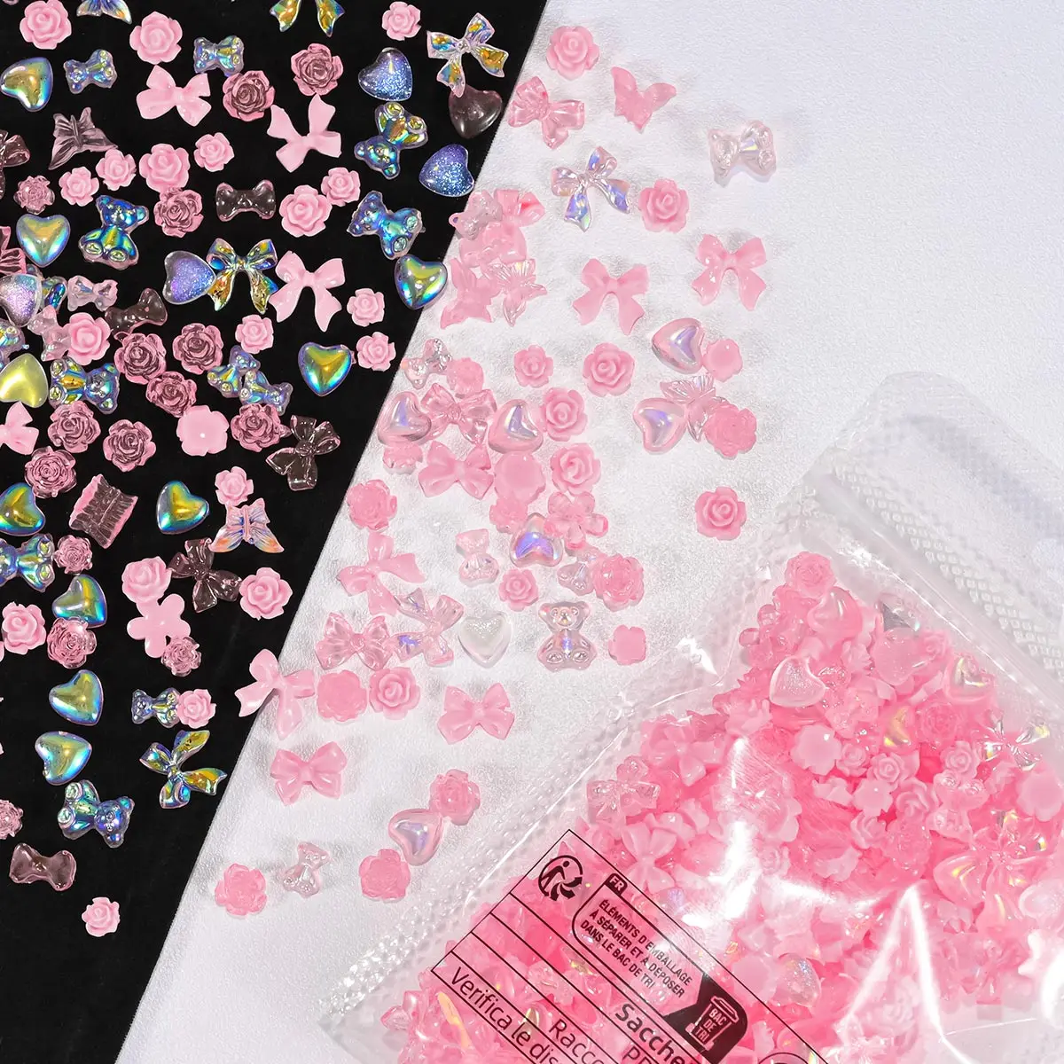 600pcs/bag Resin Pink Bow Flowers Heart Mixed Nail Art Decoration Kawaii Pink Ribbon Bowknot Nail Charms 3D Cute Charms 50g/bag