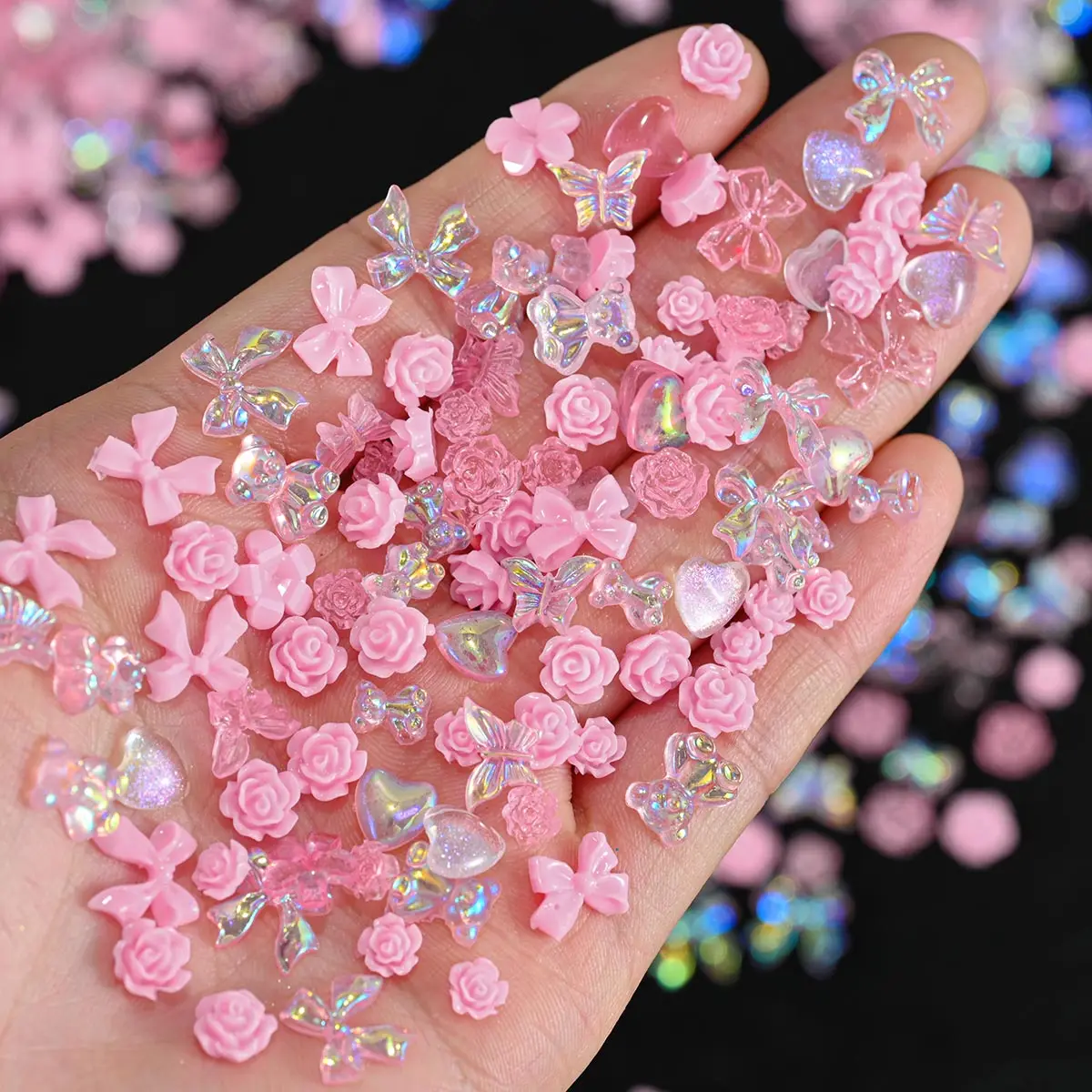 600pcs/bag Resin Pink Bow Flowers Heart Mixed Nail Art Decoration Kawaii Pink Ribbon Bowknot Nail Charms 3D Cute Charms 50g/bag