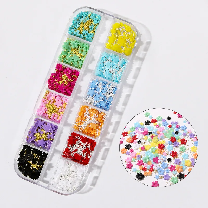 12 Colors 3D Flower Nail Charms with Silver/Gold Caviar Beads Nail Art Accessories for Women and Girls DIY Design