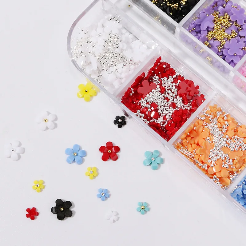 12 Colors 3D Flower Nail Charms with Silver/Gold Caviar Beads Nail Art Accessories for Women and Girls DIY Design