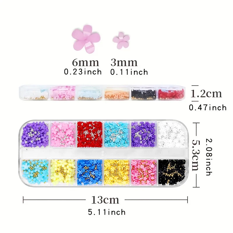 12 Colors 3D Flower Nail Charms with Silver/Gold Caviar Beads Nail Art Accessories for Women and Girls DIY Design