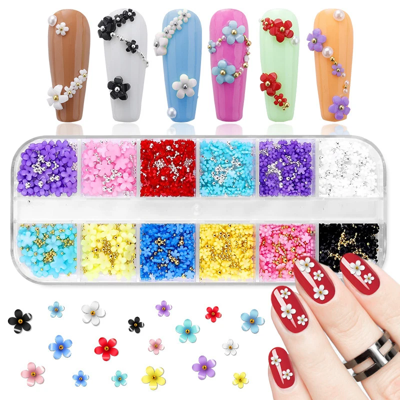 12 Colors 3D Flower Nail Charms with Silver/Gold Caviar Beads Nail Art Accessories for Women and Girls DIY Design