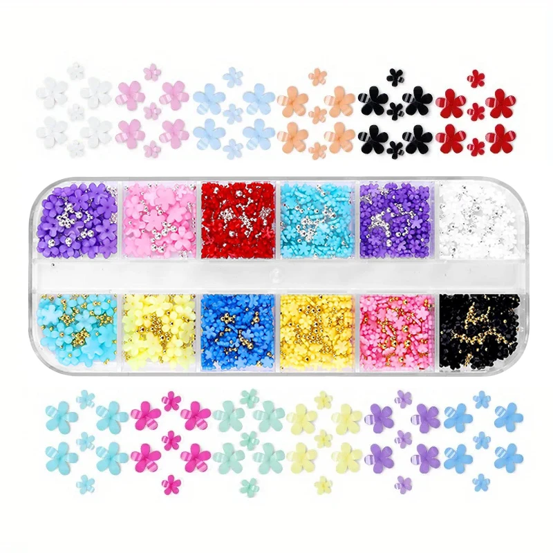 12 Colors 3D Flower Nail Charms with Silver/Gold Caviar Beads Nail Art Accessories for Women and Girls DIY Design