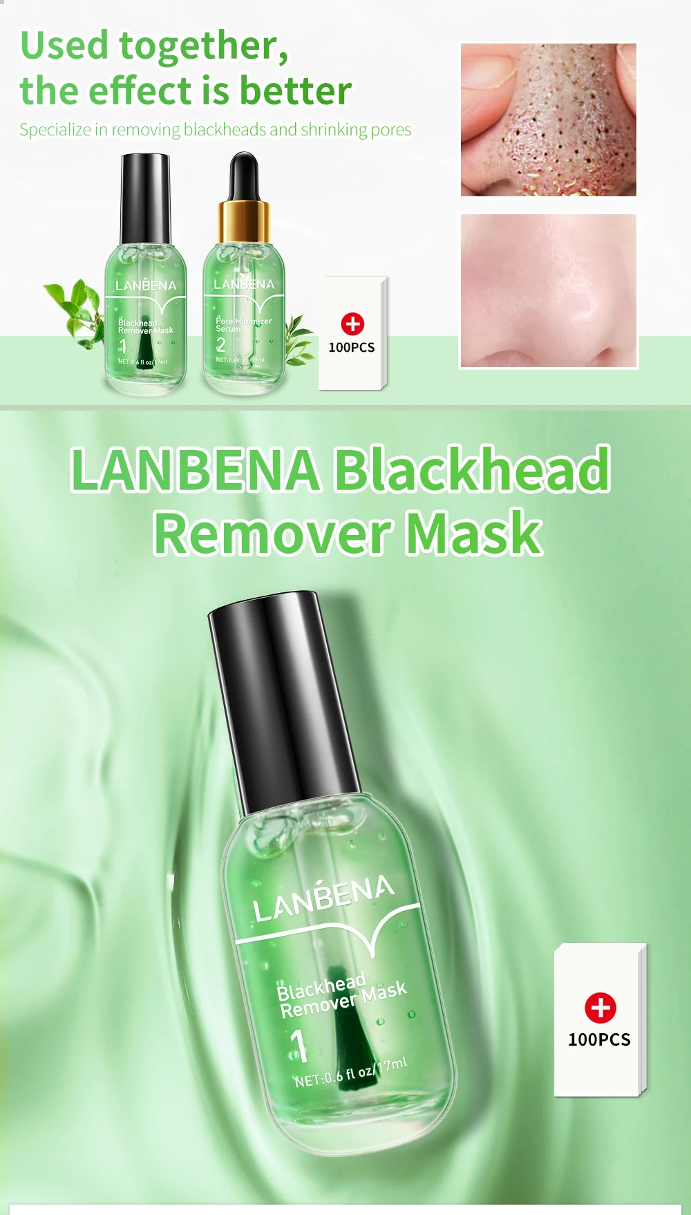 LANBENA Blackhead Remover Mask Serum Shrink Pores Acne Treatment Essence Deep Cleaning Purifying Smooth Skin Care Beauty 100pcs