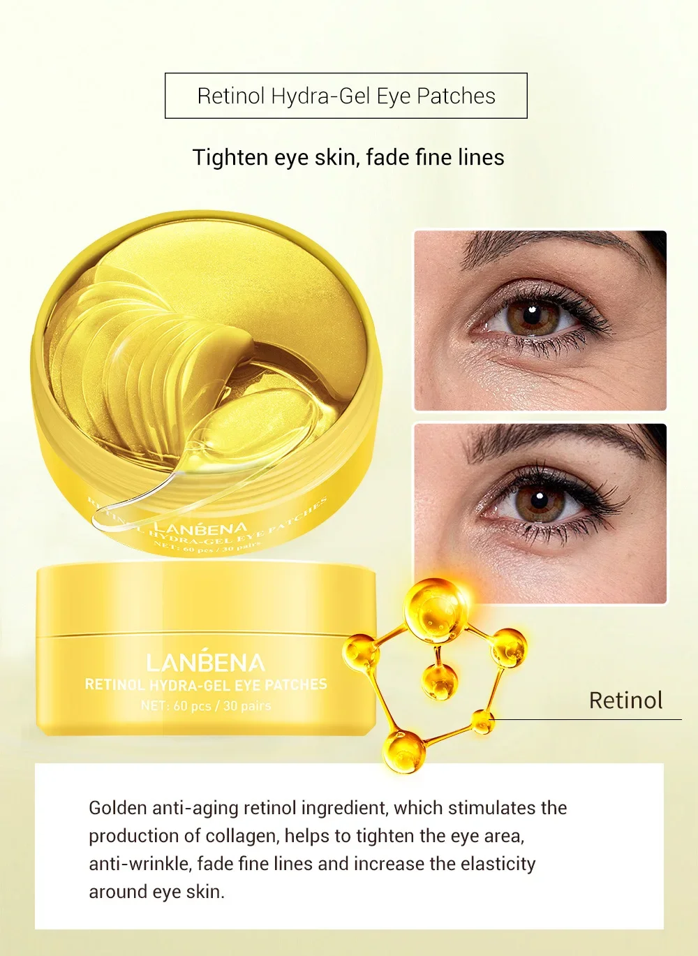 LANBENA Collagen Eye Patch Moisturizing Anti-aging Dark Circle Facial Mask ​Vitamin C Hyaluronic Retinol Eye Mask 60 Patches