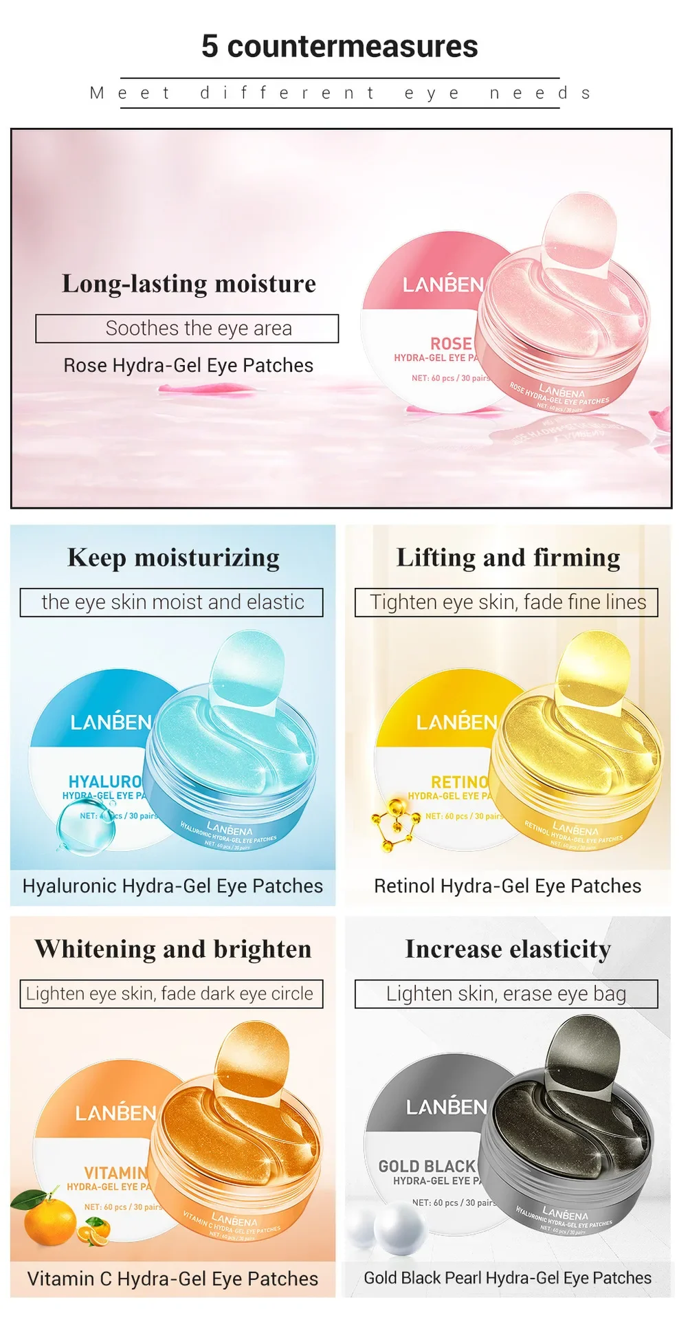 LANBENA Collagen Eye Patch Moisturizing Anti-aging Dark Circle Facial Mask ​Vitamin C Hyaluronic Retinol Eye Mask 60 Patches