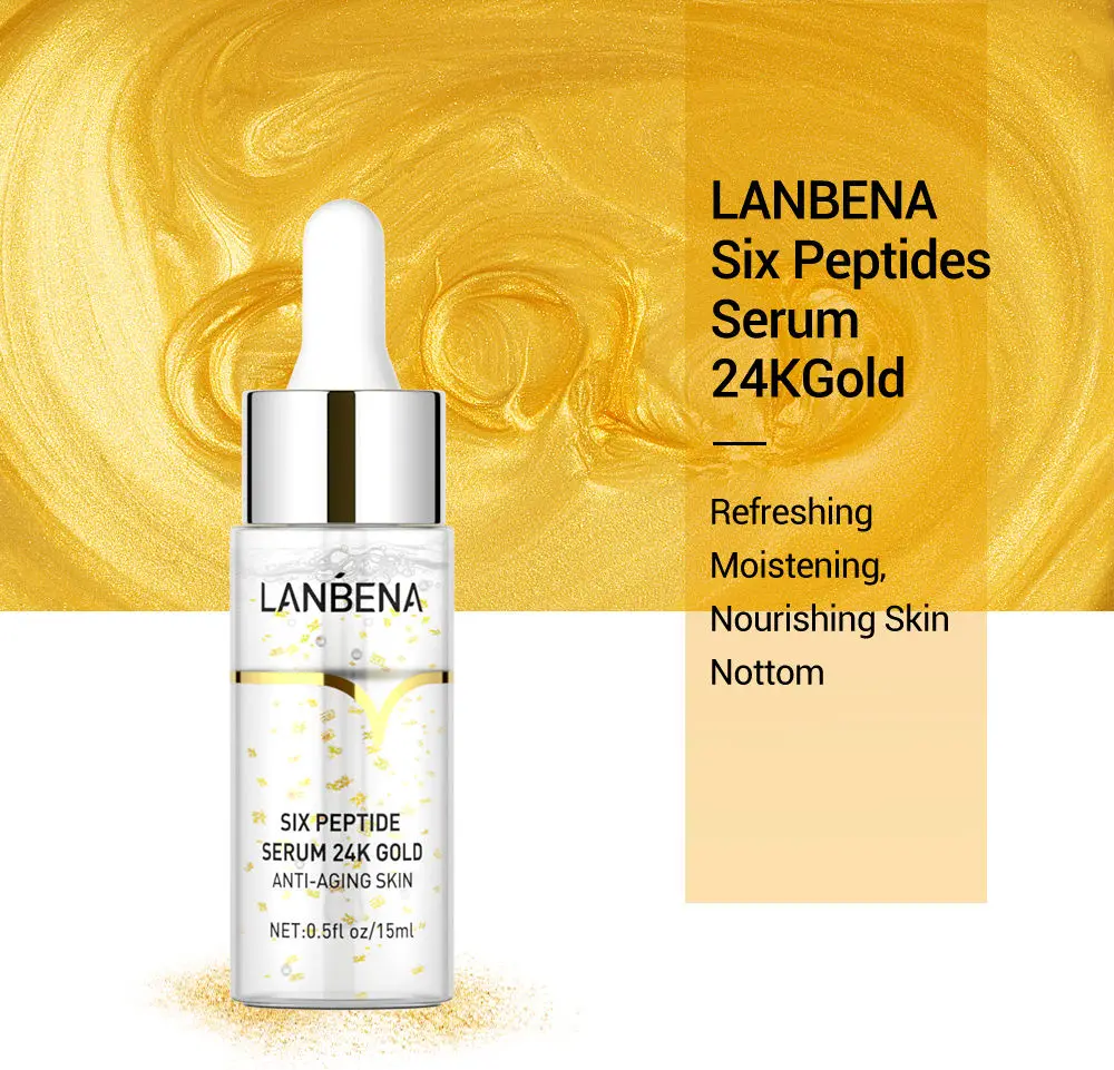 LANBENA 24K Gold Six Peptide Facial Serum Anti Aging Lifting Skin Moisturizing Face Essence 15ml Skin Care Dropshipping