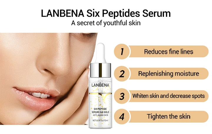 LANBENA 24K Gold Six Peptide Facial Serum Anti Aging Lifting Skin Moisturizing Face Essence 15ml Skin Care Dropshipping