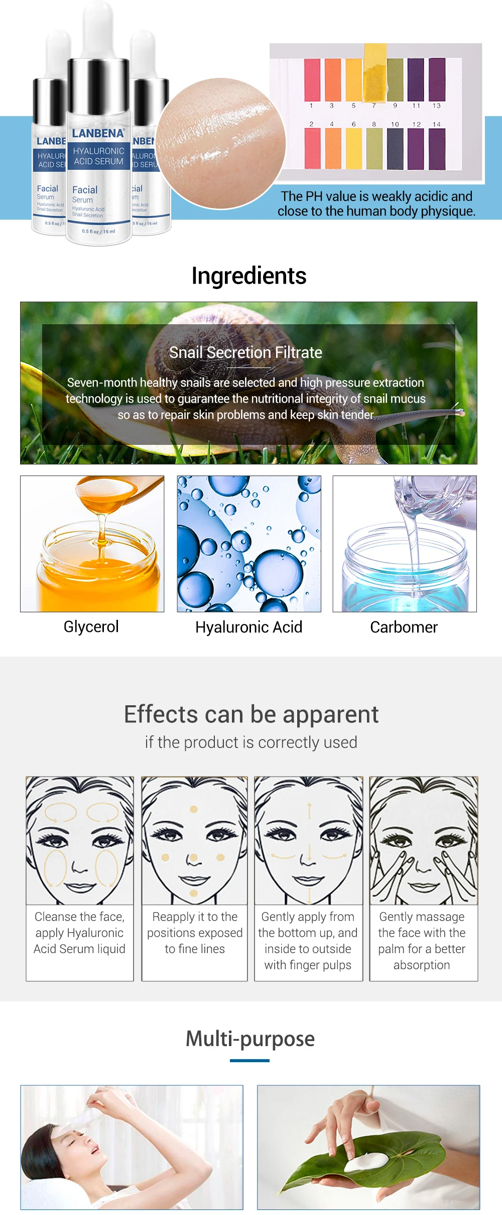 LANBENA Hyaluronic Acid Serum Snail Essence Face Cream Moisturizing Acne Treatment Repair Whitening Anti-Aning Winkles10PCS