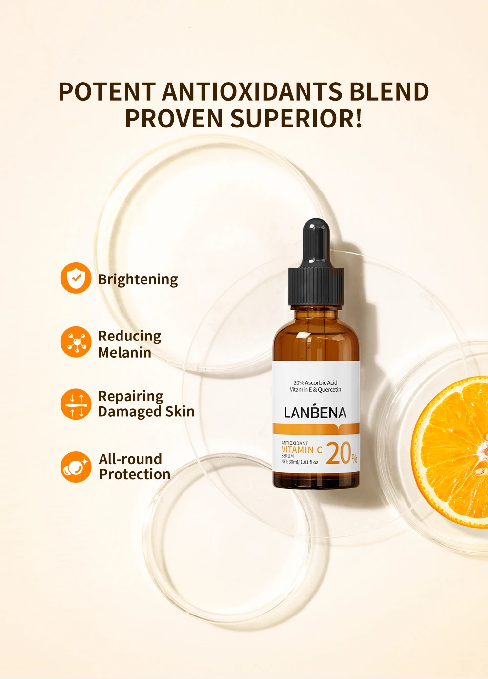 LANBENA Antioxidant Vitamin C Quercetin Ascorbic Acid Serum Reduces Dull Brightening Complexion Soothing Facial Care 15/30ml