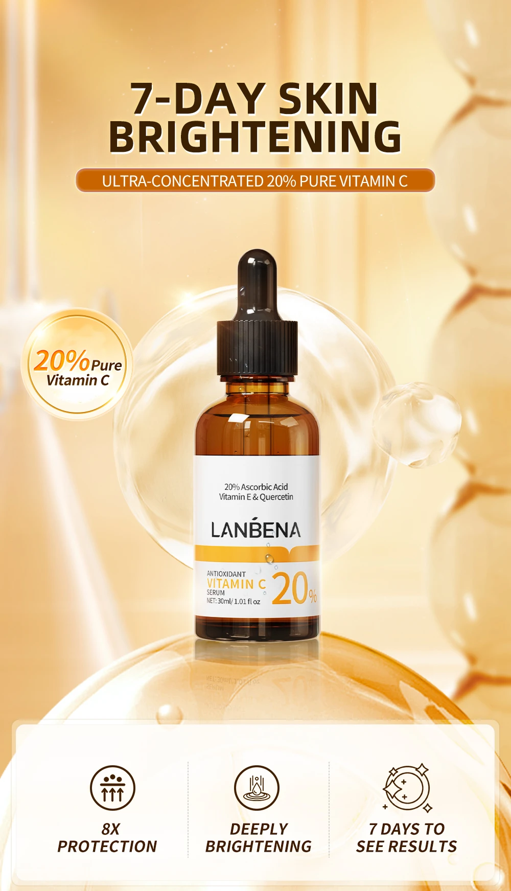 LANBENA Antioxidant Vitamin C Quercetin Ascorbic Acid Serum Reduces Dull Brightening Complexion Soothing Facial Care 15/30ml