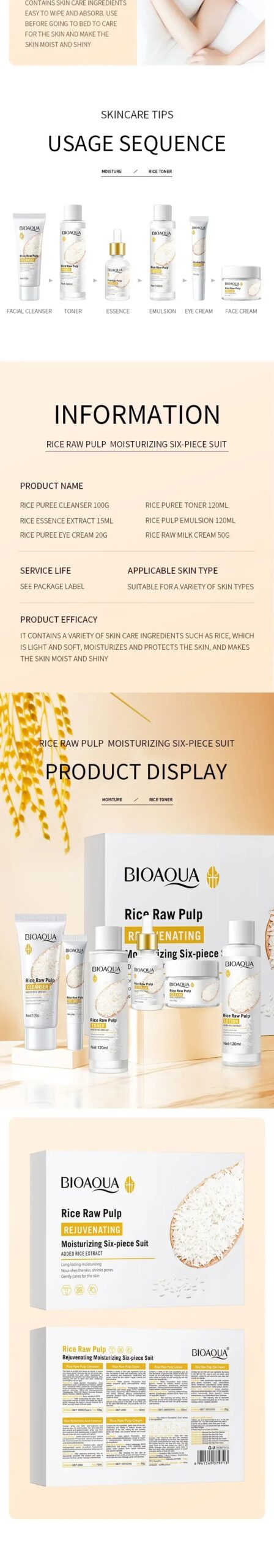 BIOAQUA 6pcs/set Rice Raw Pulp Skin Care Sets Face Cream Serum Anti-wrinkle Moisturizing Facial Cleanser Toner Korean Face Care