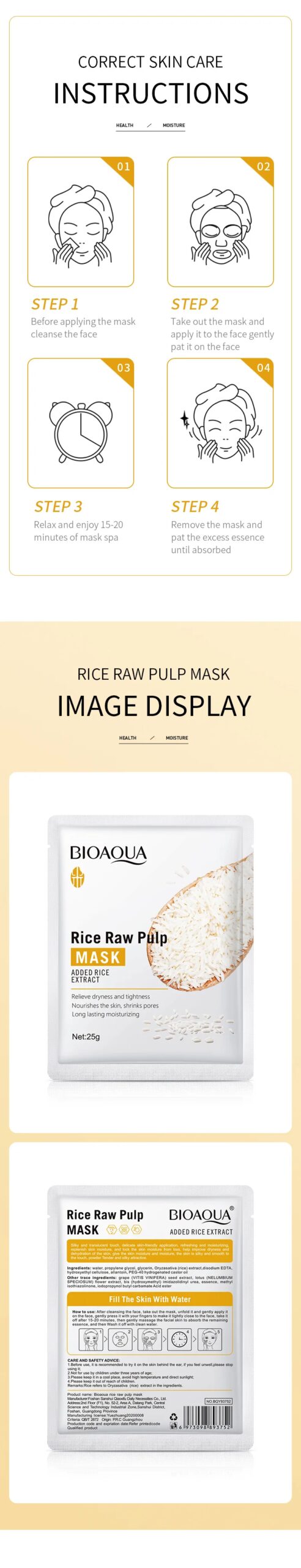 10pcs BIOAQUA Rice Raw Pulp Facial Masks skincare Moisturizing Firming Hydrating Face Mask Sheets Mask Korean Skin Care