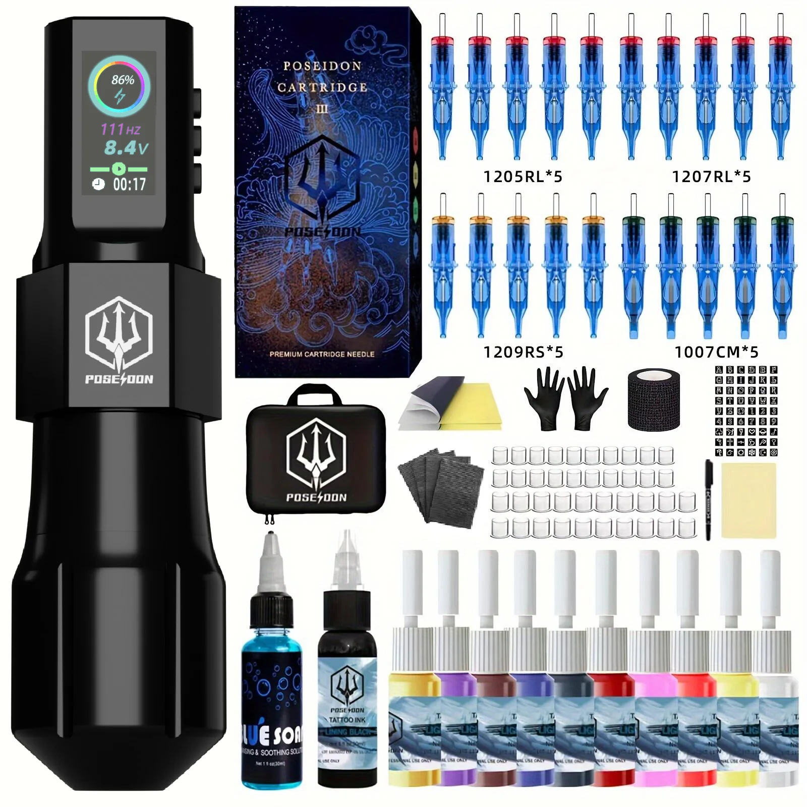 Tattoo Kit POSEIDON New Cool Tattoo Pen Kit For Permanent Makeup Tattoo Machine Kit Wireless Tattoo Power Supply Tattoo Gun Kit