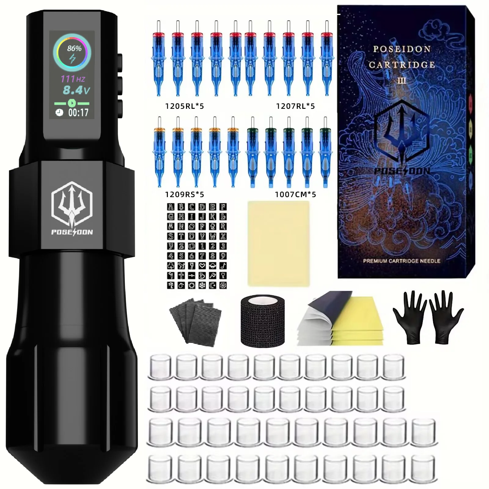 Tattoo Kit POSEIDON New Cool Tattoo Pen Kit For Permanent Makeup Tattoo Machine Kit Wireless Tattoo Power Supply Tattoo Gun Kit