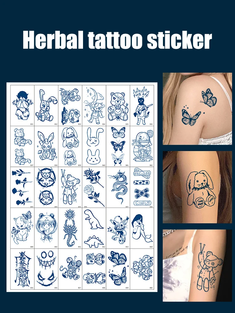 30pcs Semi Permanent Cartoon Herbal Tattoo Stickers For Women's Waterproof Disposable Water Transfer Printing Stickers